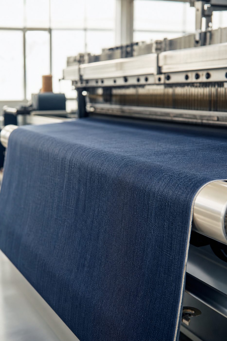 Denim fabric being manufactured on textile machinery